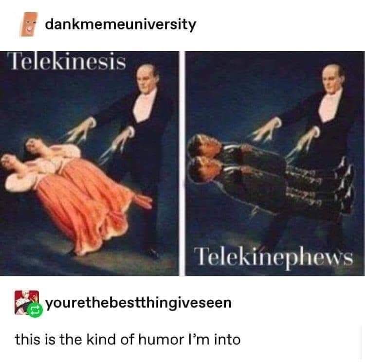 The image is a two-panel meme using a painting of a man in a tuxedo levitating a woman in a red dress. The left panel is…