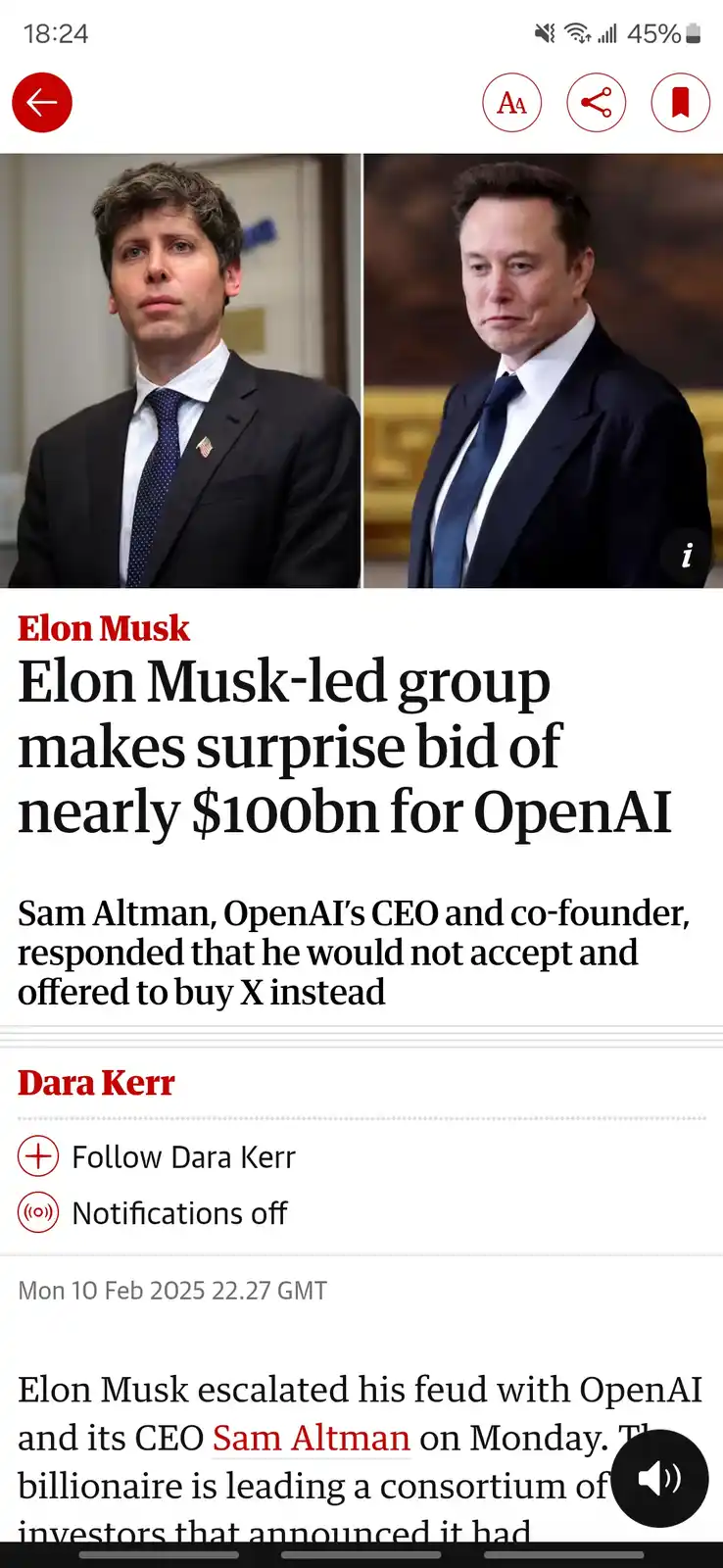 The image displays a news article screenshot with two side-by-side photos of men in suits. The left photo shows Sam Altman…