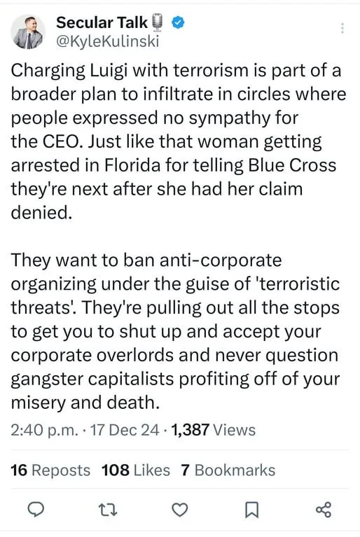 A screenshot of a tweet from 'Secular Talk' (@KyleKulinski) with a long text post criticizing corporate power, using the…