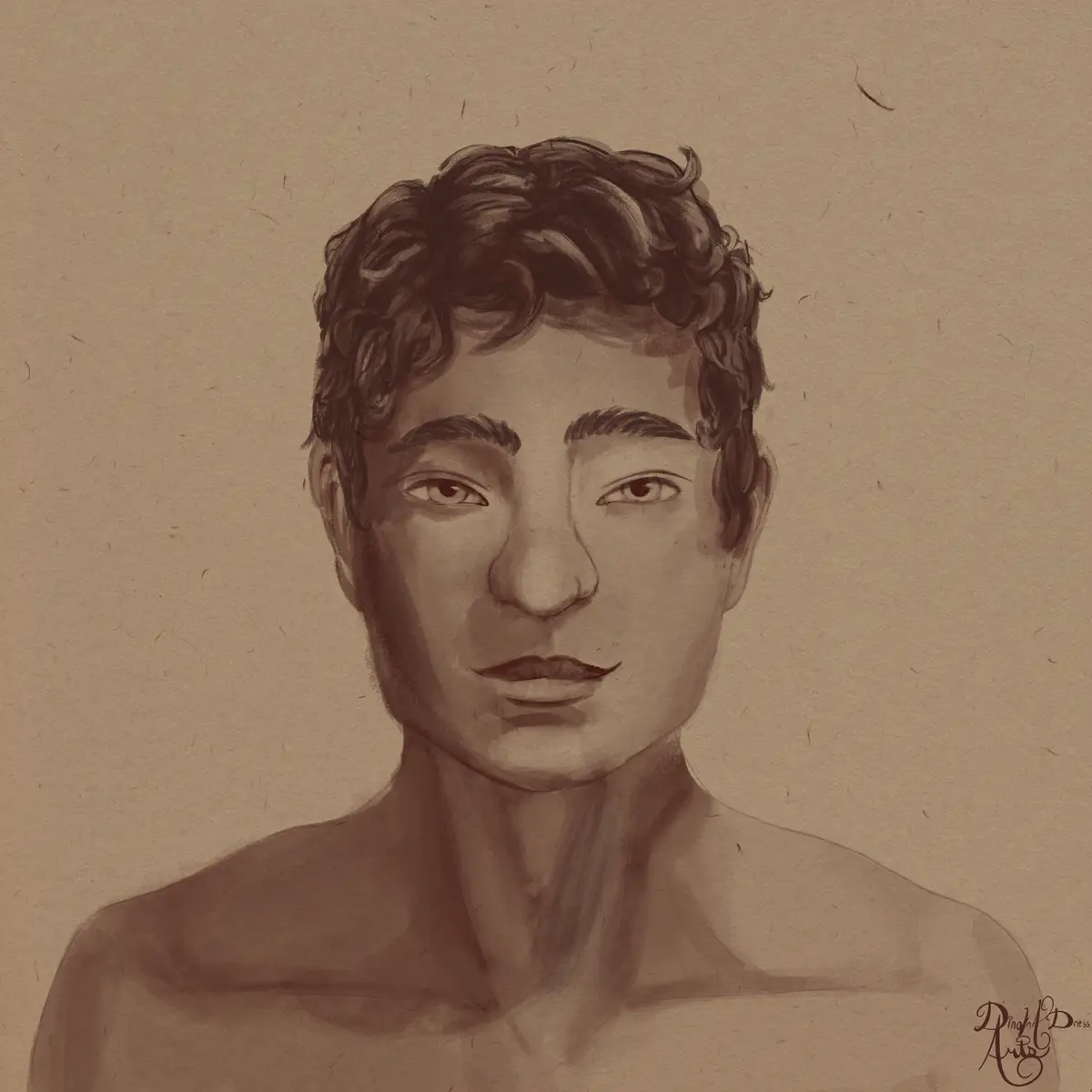 A sepia-toned digital drawing of a young man with curly hair, looking directly at the viewer with a neutral expression. The…
