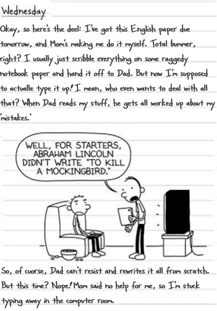 A hand-drawn comic strip on lined notebook paper depicts a boy standing and holding a paper, complaining to his dad who sits…