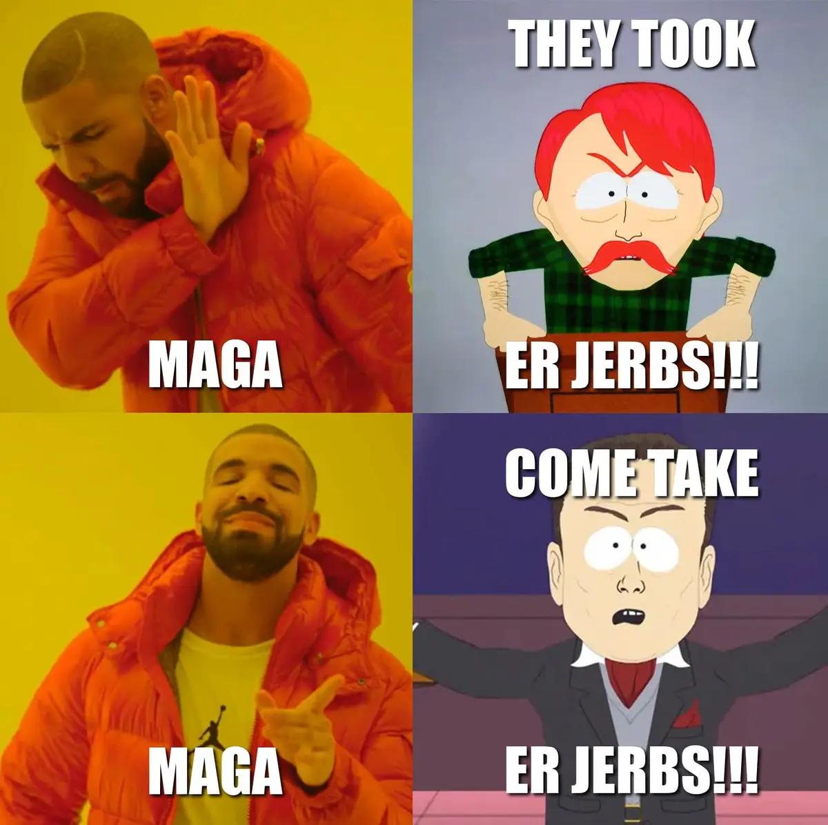 The image is a four-panel meme combining Drake's 'MAGA' expressions with South Park characters. Top left: Drake in an orange…