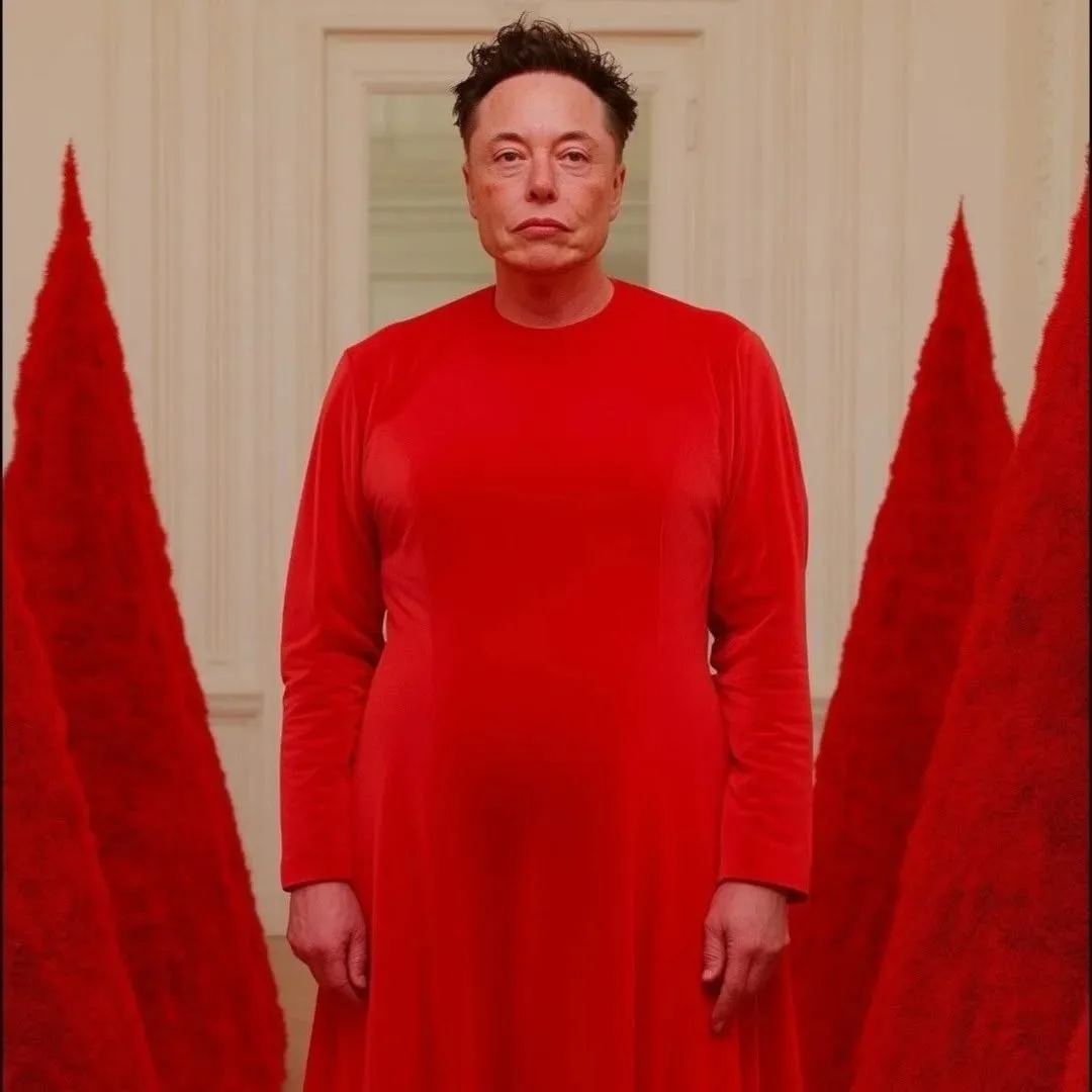 elon musk stands in a formal setting wearing a long red dress, flanked by tall red curtains, with a serious expression. The…