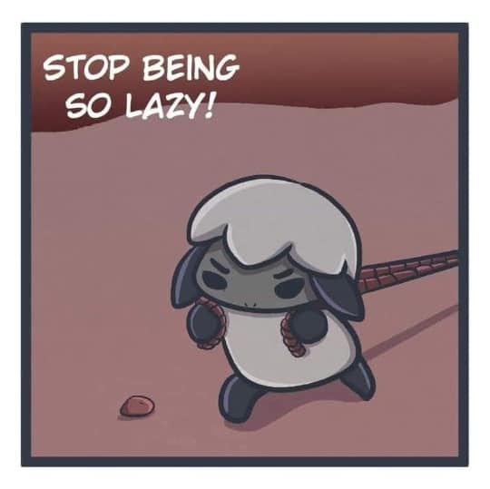 A cartoon sheep with a fluffy white coat and dark ears is shown lying on its side in a dusty, reddish-brown environment…