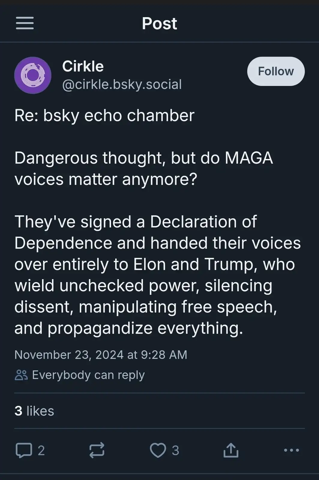 A screenshot of a post from the social media platform Bluesky, by user 'Cirkle', discussing whether MAGA voices still…