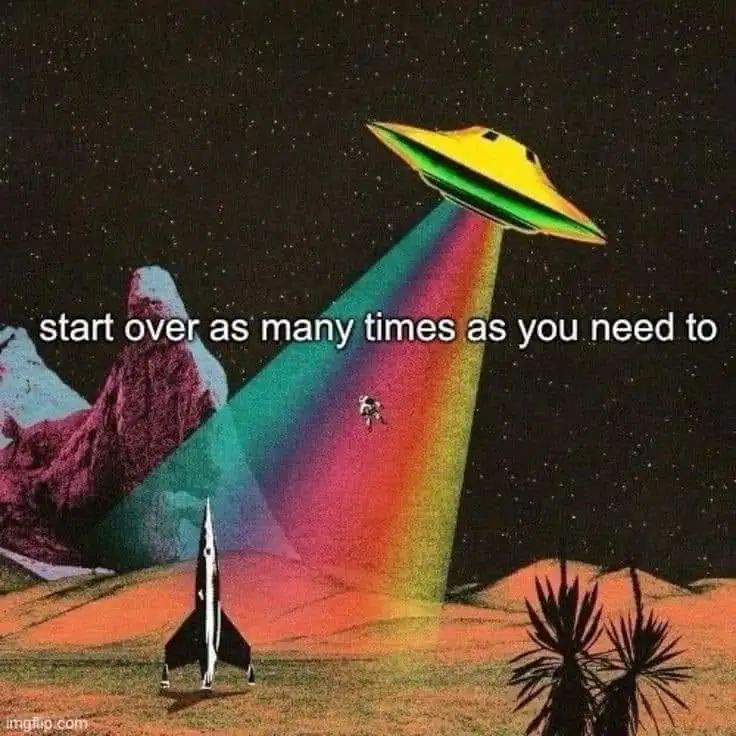 A vintage-style sci-fi illustration shows a yellow UFO with a rainbow beam lifting an astronaut off a desert-like planet. In…