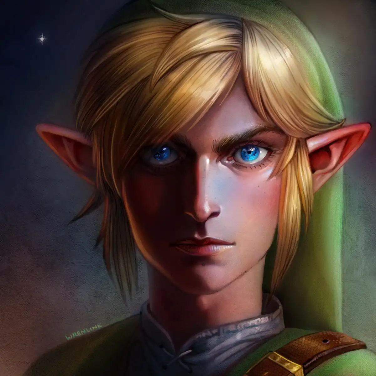 A close-up digital painting of Link from The Legend of Zelda, featuring his blonde hair, pointed ears, and intense blue…