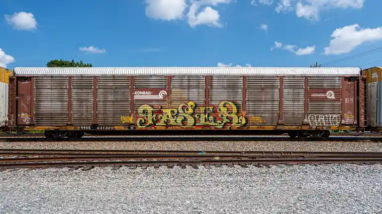 A side view of a rusty brown Conrail boxcar with a large, colorful graffiti tag across its center, sitting on railway tracks…
