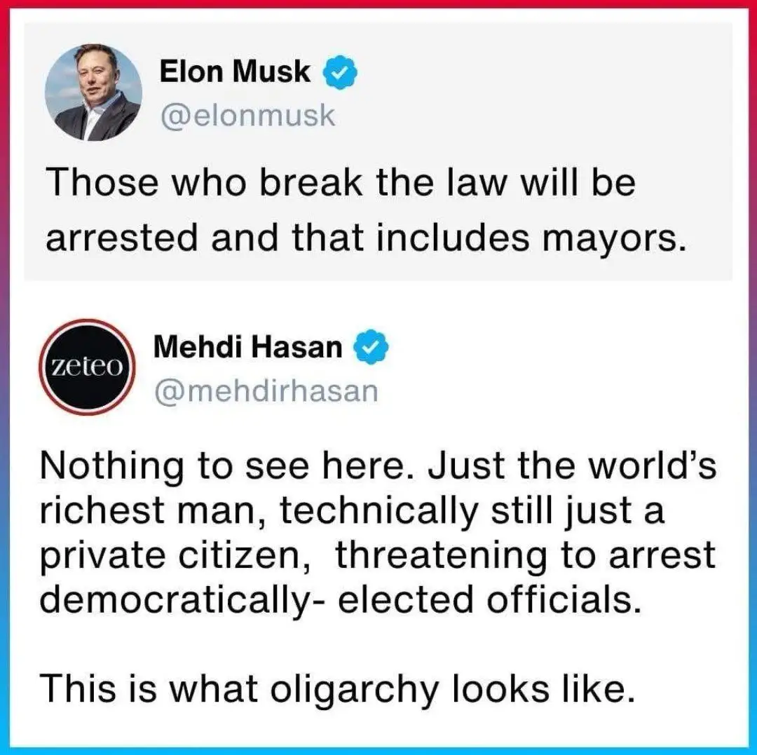 The image displays two Twitter posts. The top post is from Elon Musk, who says, 'Those who break the law will be arrested…