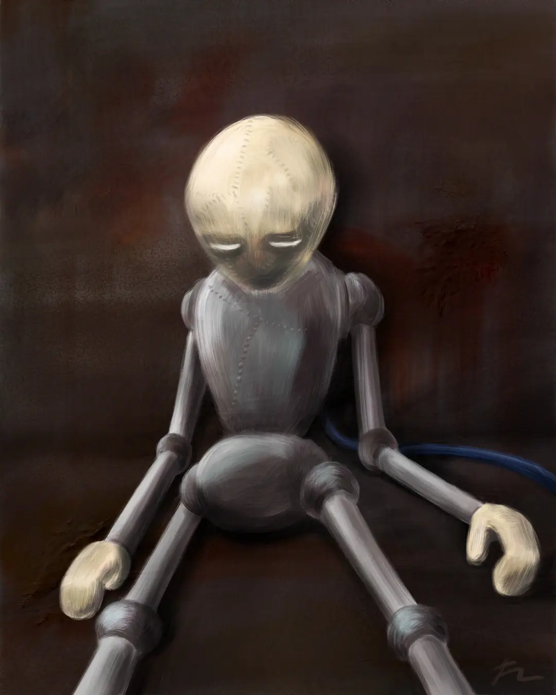 A pale, stitched, doll-like figure with a sad expression sits slumped on the floor against a dark background, with a blue…