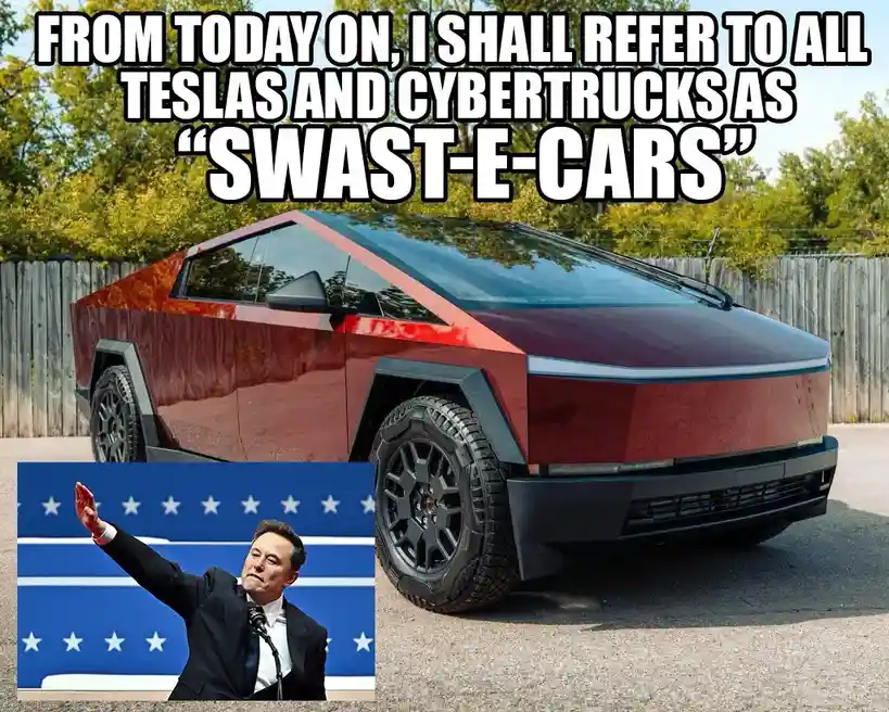 A red Tesla Cybertruck is parked outdoors with a wooden fence in the background. In the bottom-left corner, a smaller inset…