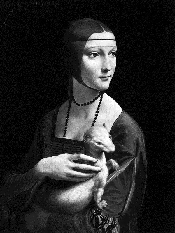 A black-and-white image of a woman in Renaissance-style clothing holding a small rodent, overlaid with the text 'I'm not a…
