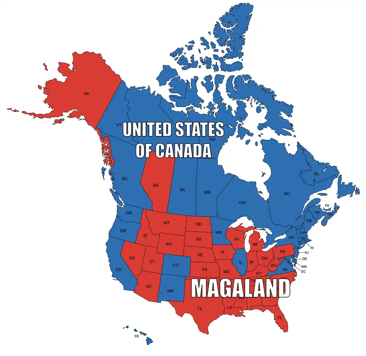 A map of North America with the United States and Canada colored red and blue respectively, overlaid with the text 'UNITED…