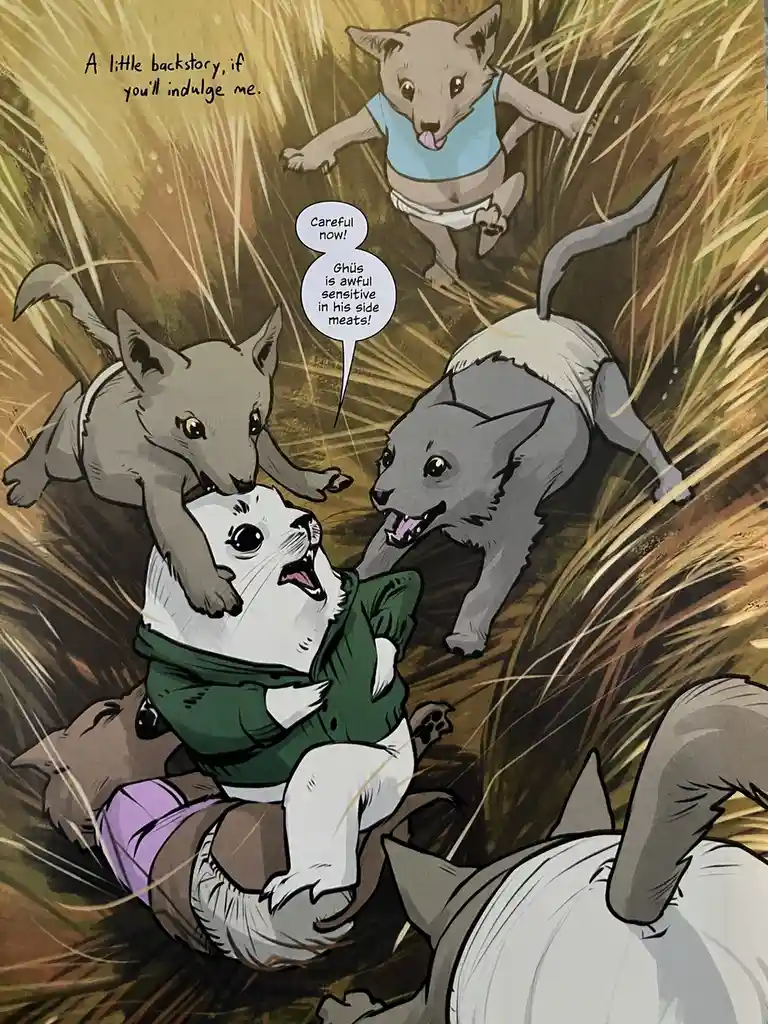 An illustrated comic panel shows a white-furred anthropomorphic canine in a green jacket and purple diaper being playfully…