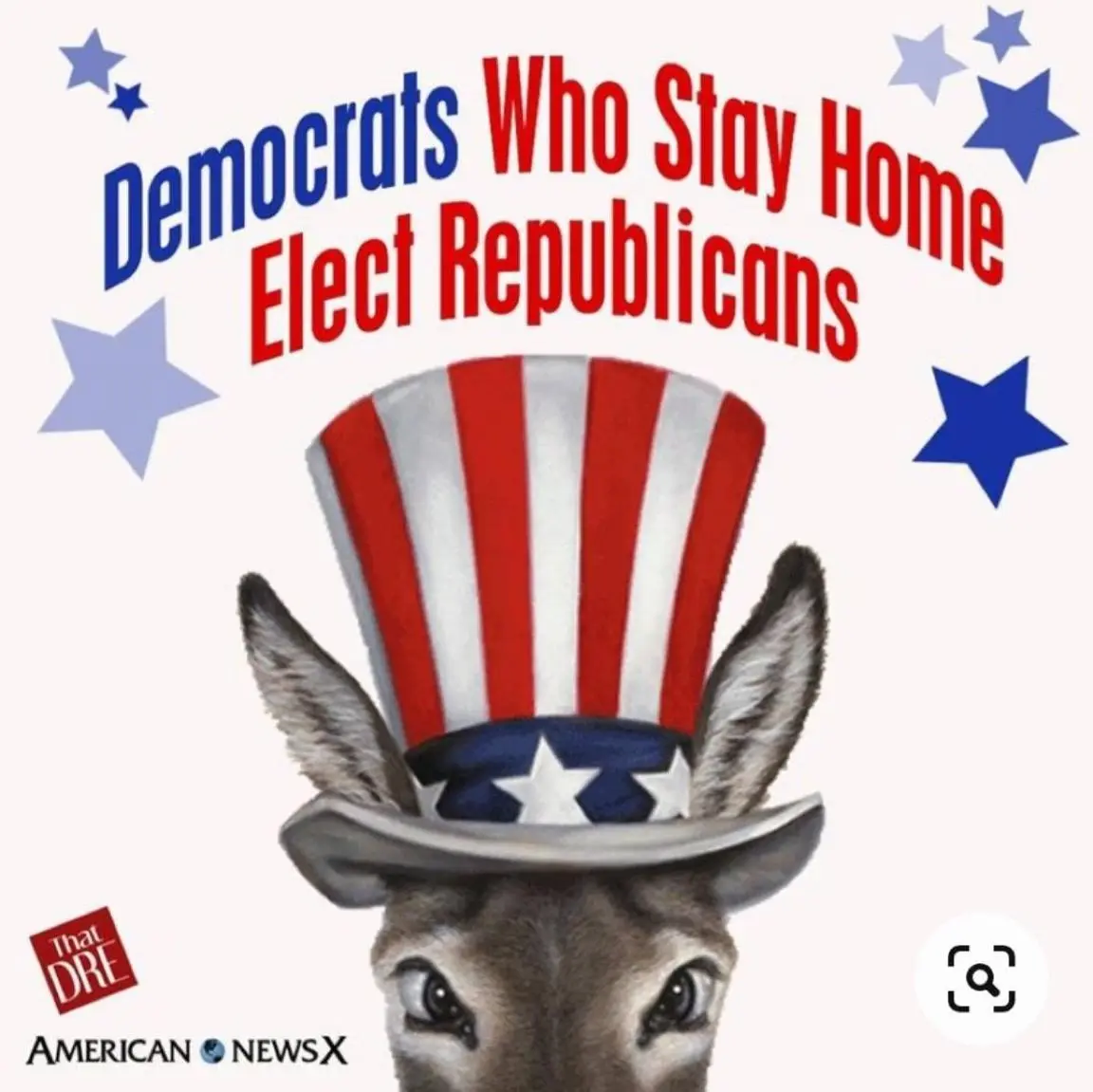 A close-up image of a donkey wearing a red, white, and blue American flag-themed top hat, with blue and white stars…