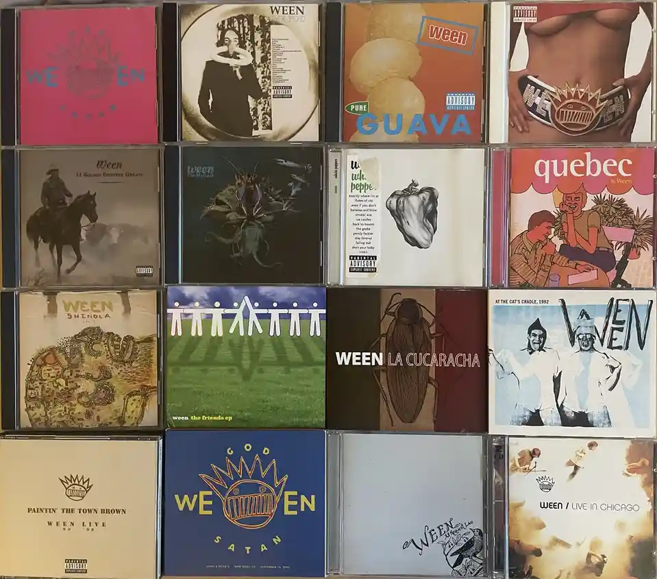 A grid of 16 Ween CD album covers, including titles like 'Pure Guava', 'Quebec', 'La Cucaracha', and 'Paintin' The Town…
