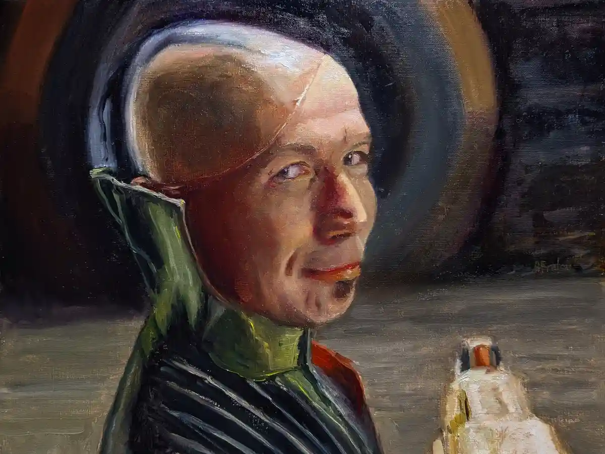 An oil painting depicts a bald man in a green and black outfit, looking sideways with a subtle smirk, while holding a small…