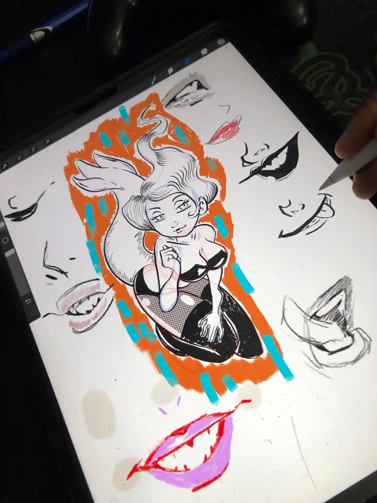 A digital drawing tablet displays a cartoon-style female character in a black outfit with orange and teal accents…