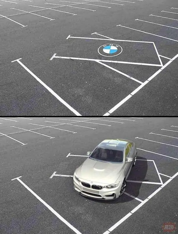 The image is split into two panels showing a parking lot. The top panel shows an empty parking space marked with a BMW logo…