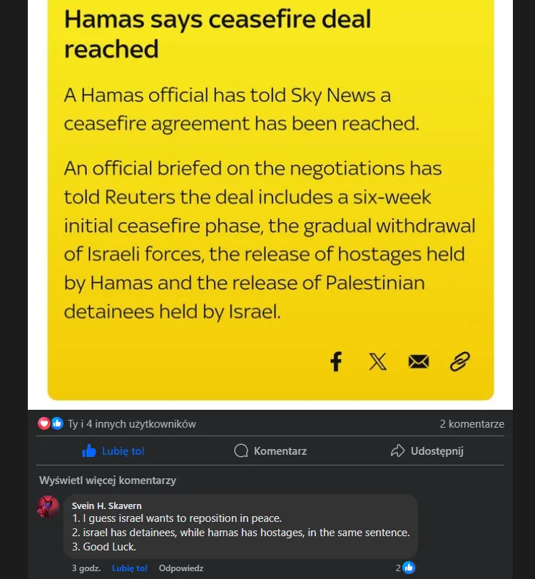 A screenshot of a news article with a yellow background and black text, reporting that Hamas says a ceasefire deal has been…