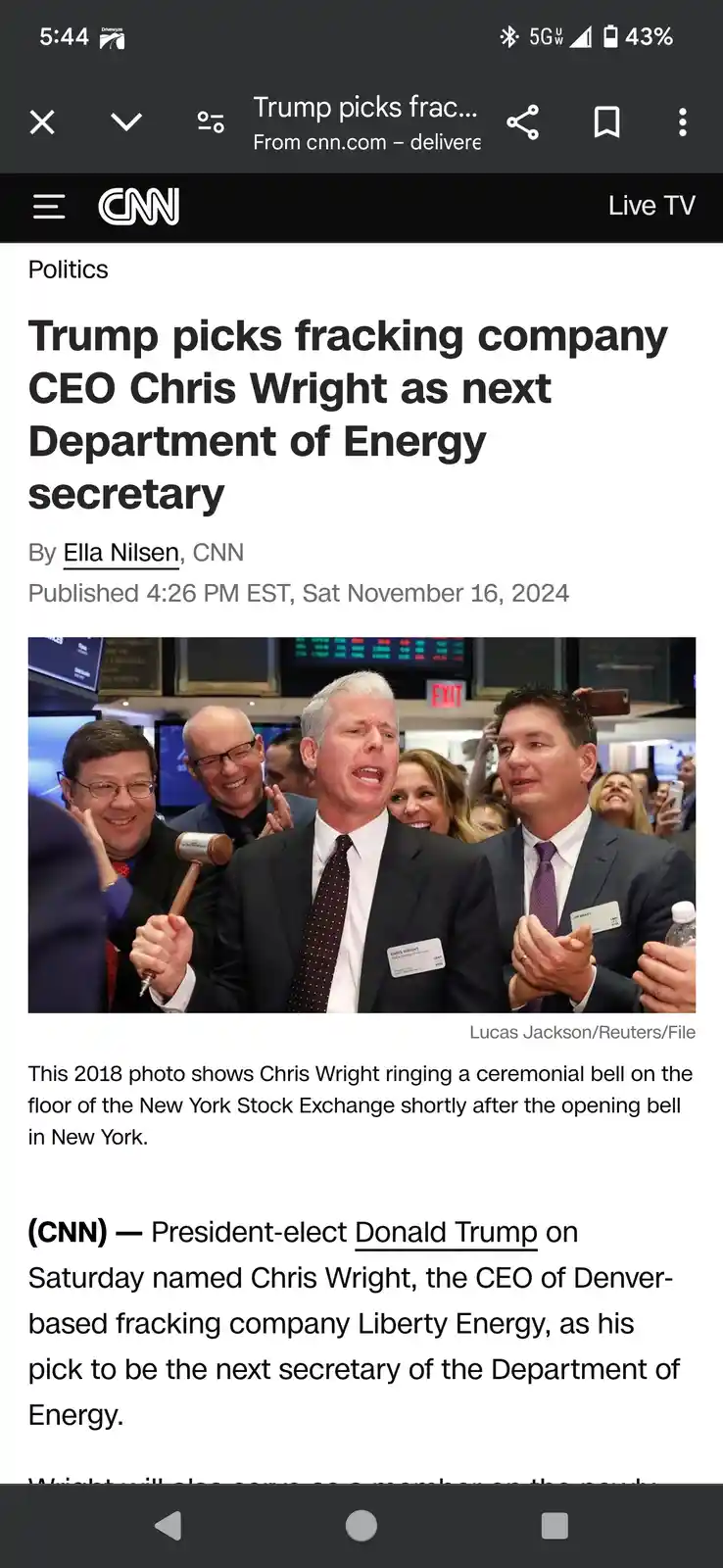 A screenshot of a CNN news article from November 16, 2024, announcing Donald Trump's pick of Chris Wright, CEO of fracking…