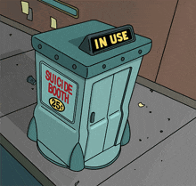 Two side-by-side images show a teal, boxy public bathhouse labeled 'SUICIDE BATH' with a 'VHS' logo. The left image has a…