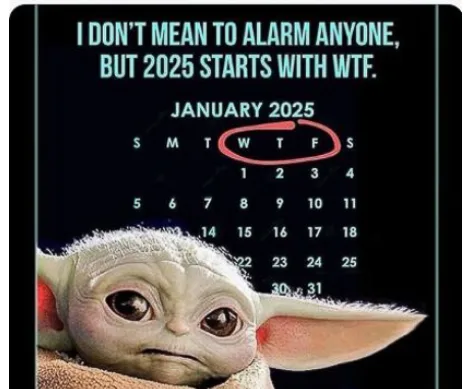 A calendar for January 2025 is shown with the 'W' in 'WEDNESDAY' circled in red. Below it is the character Grogu (Baby Yoda)…