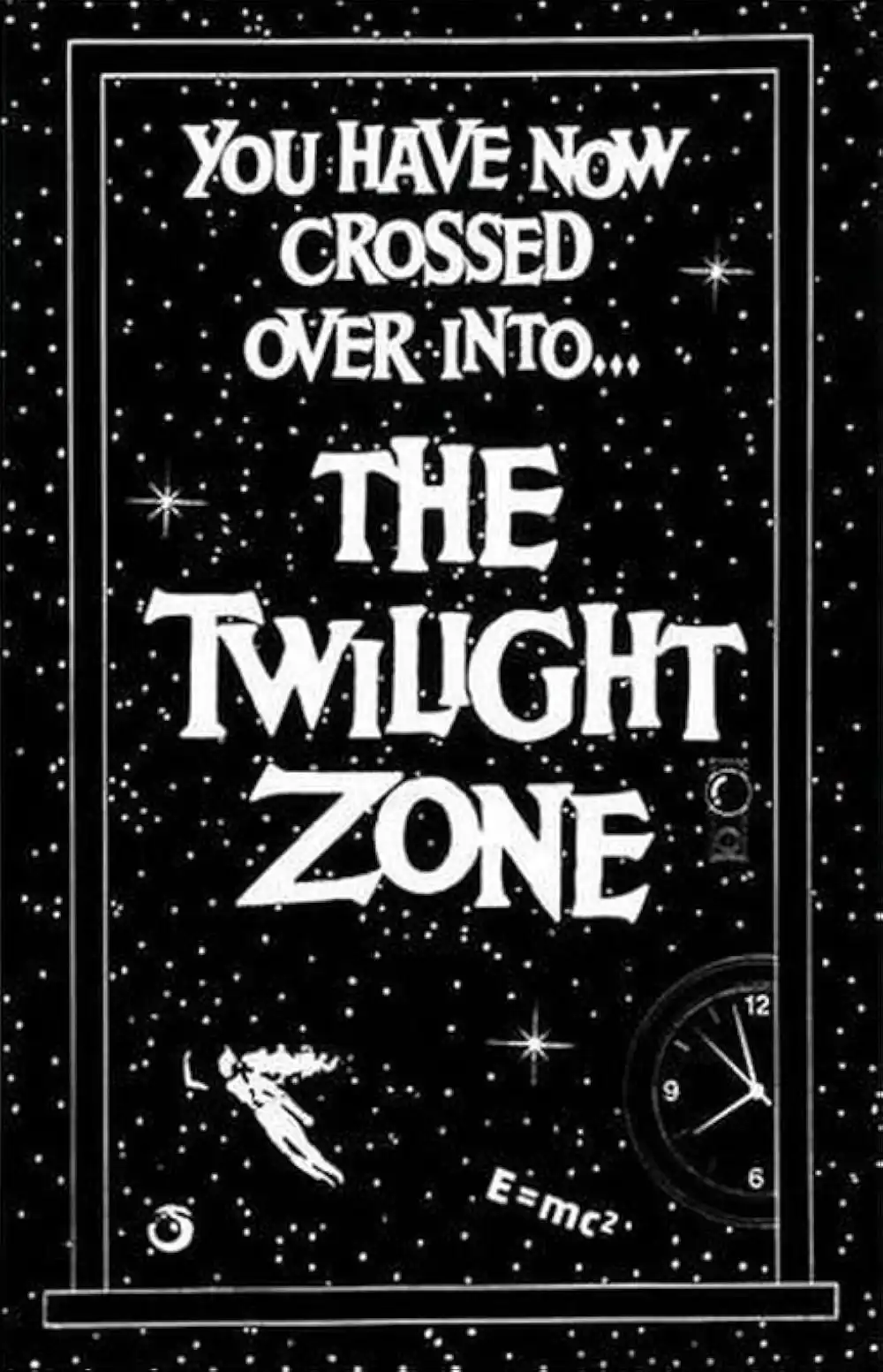 A black-and-white image resembling a vintage sci-fi TV show title card, featuring stars, a falling figure, a clock, and the…