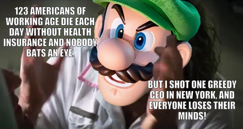 A person wearing a large, cartoonish Luigi mask from the Mario franchise, with hands raised in a gesture of disbelief or…
