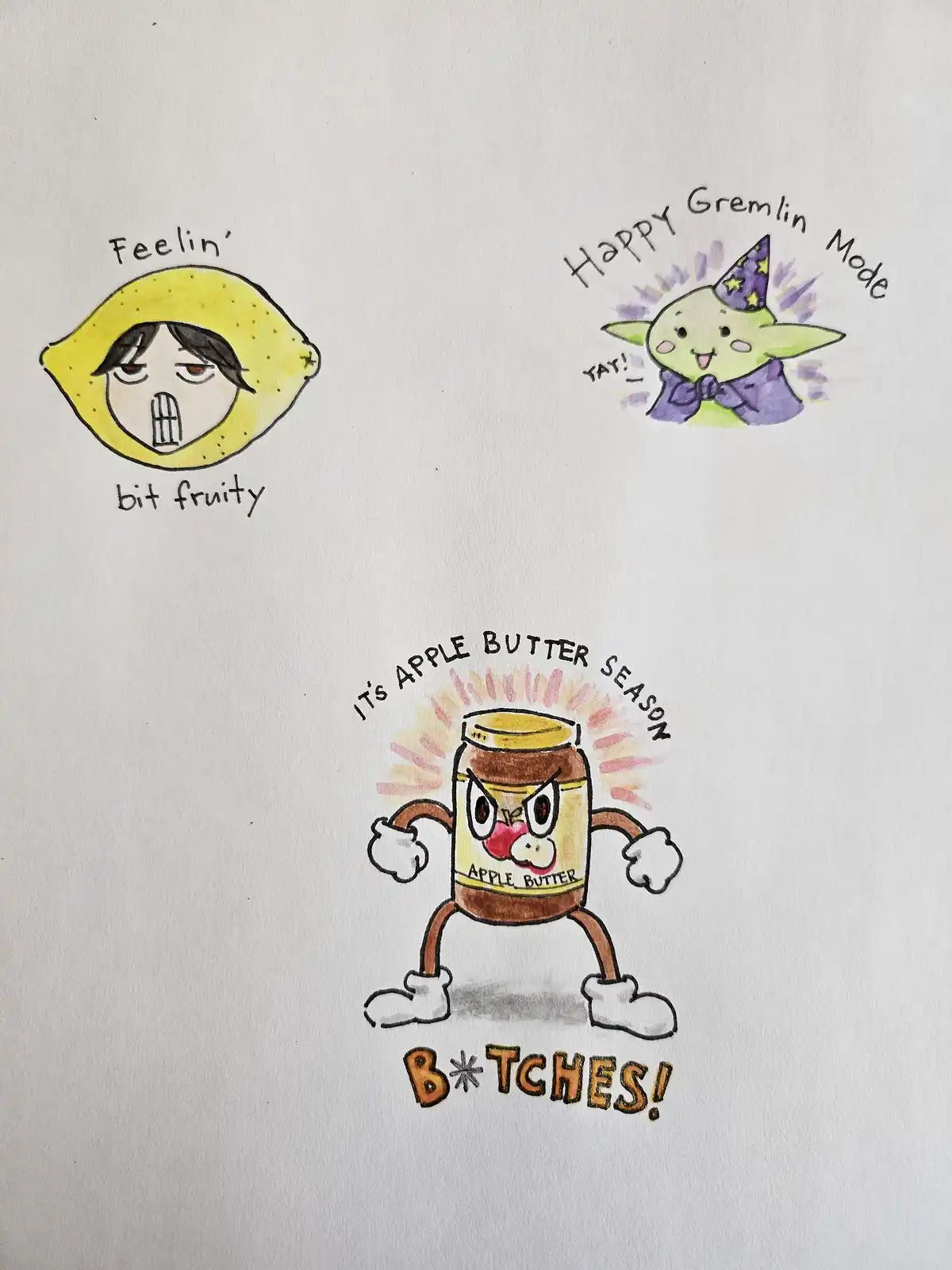 A hand-drawn image shows three cartoon characters: a lemon with a tired face labeled 'Feelin' bit fruity,' a green gremlin…