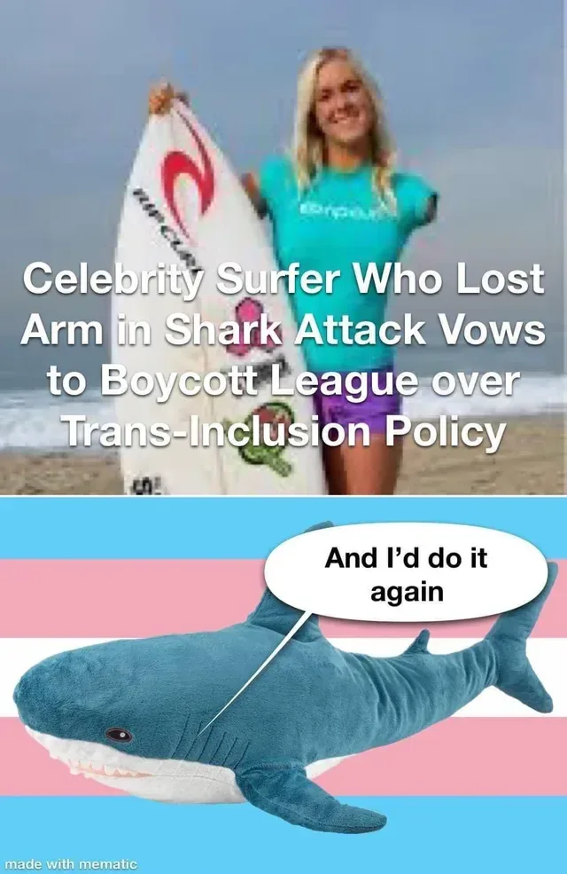 A split image shows a smiling blonde woman in a teal shirt holding a surfboard on a beach, overlaid with text claiming she…