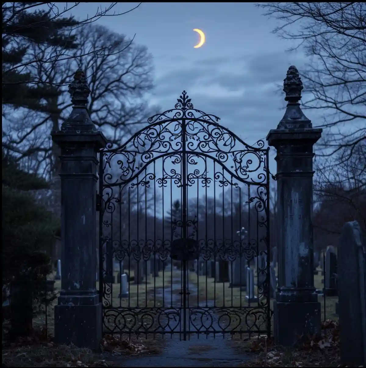 A dark, atmospheric photo of an ornate wrought-iron gate at the entrance of a cemetery under a twilight sky with a crescent…