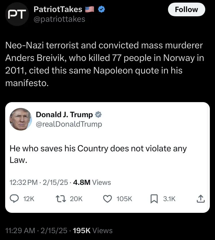 A screenshot of a tweet from Donald J. Trump showing his quote 'He who saves his Country does not violate any Law.' overlaid…