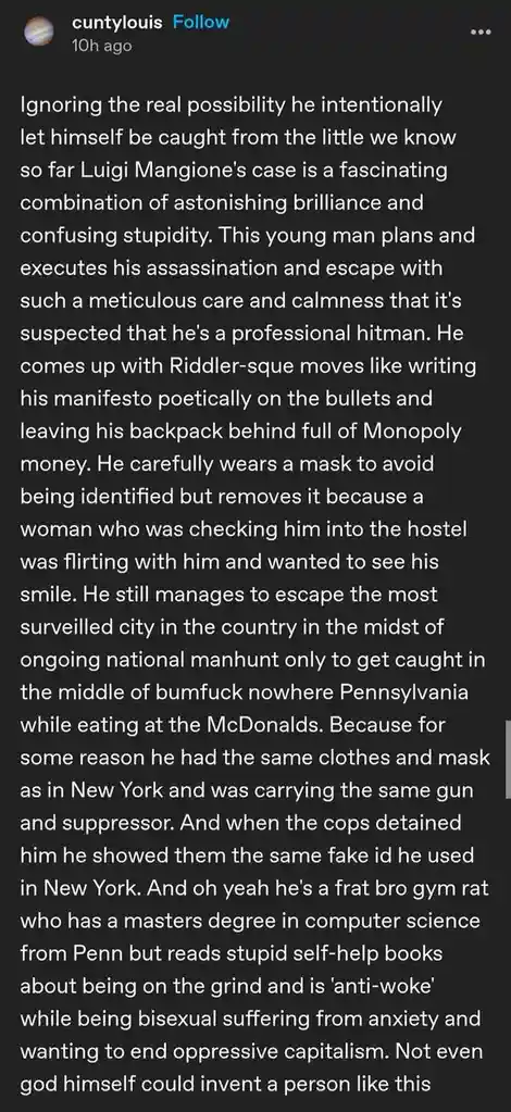 A screenshot of a social media post with white text on a dark background, detailing the bizarre and contradictory actions of…