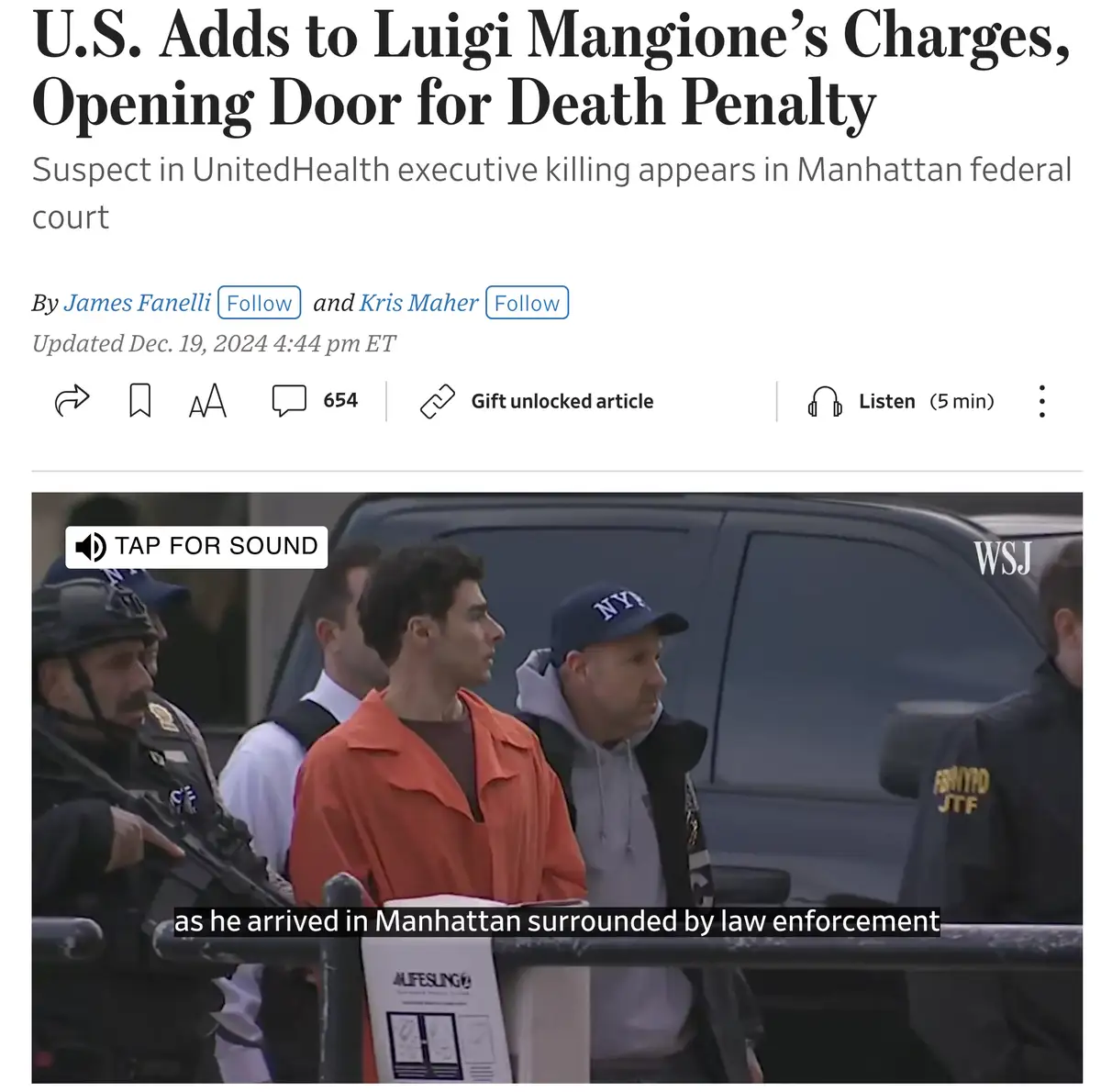 A screenshot of a Wall Street Journal article about Luigi Mangione, showing him in an orange jumpsuit flanked by armed…