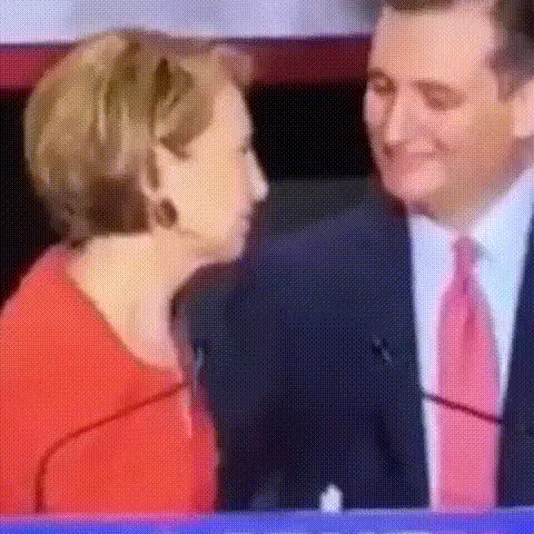 A composite image shows a man and woman at a political rally with 'CRUZ FIORINA' signs. The woman, in a red top, gestures…