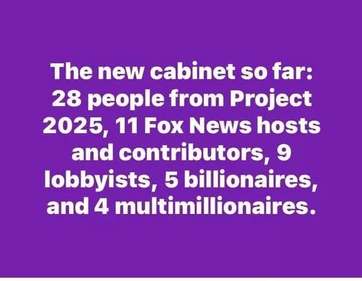 A solid purple background displays white text listing the alleged composition of a 'new cabinet' as 28 from Project 2025, 11…
