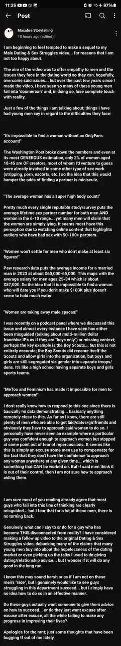 A screenshot of a social media post by 'Macabre Storytelling' detailing their frustration with young men falling into…