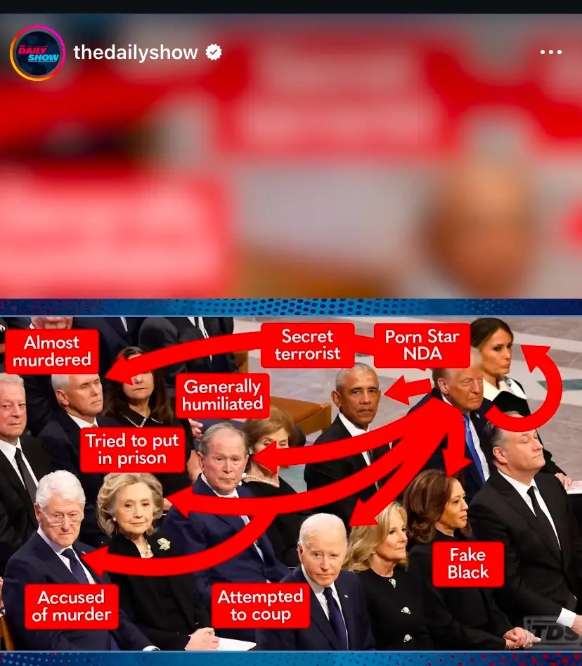 A meme image shows a group of former U.S. presidents and their spouses seated together, with red arrows and text boxes…