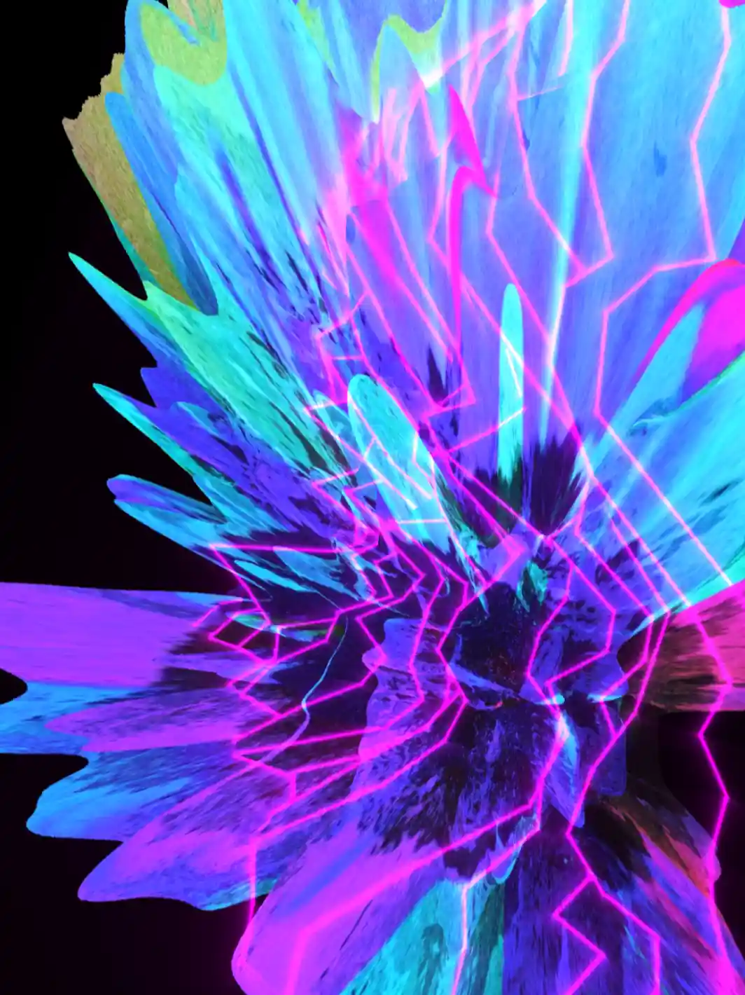The image displays a vibrant, abstract digital artwork featuring a fractal-like explosion of neon colors, primarily electric…