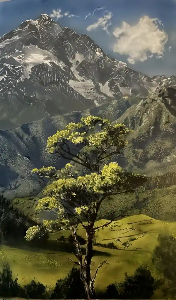 A vintage-style mountain landscape painting featuring a solitary tree with bright yellow-green foliage in the foreground…