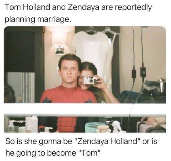 A split image meme shows Tom Holland in a Spider-Man costume with Zendaya taking a selfie with a camera in front of a…