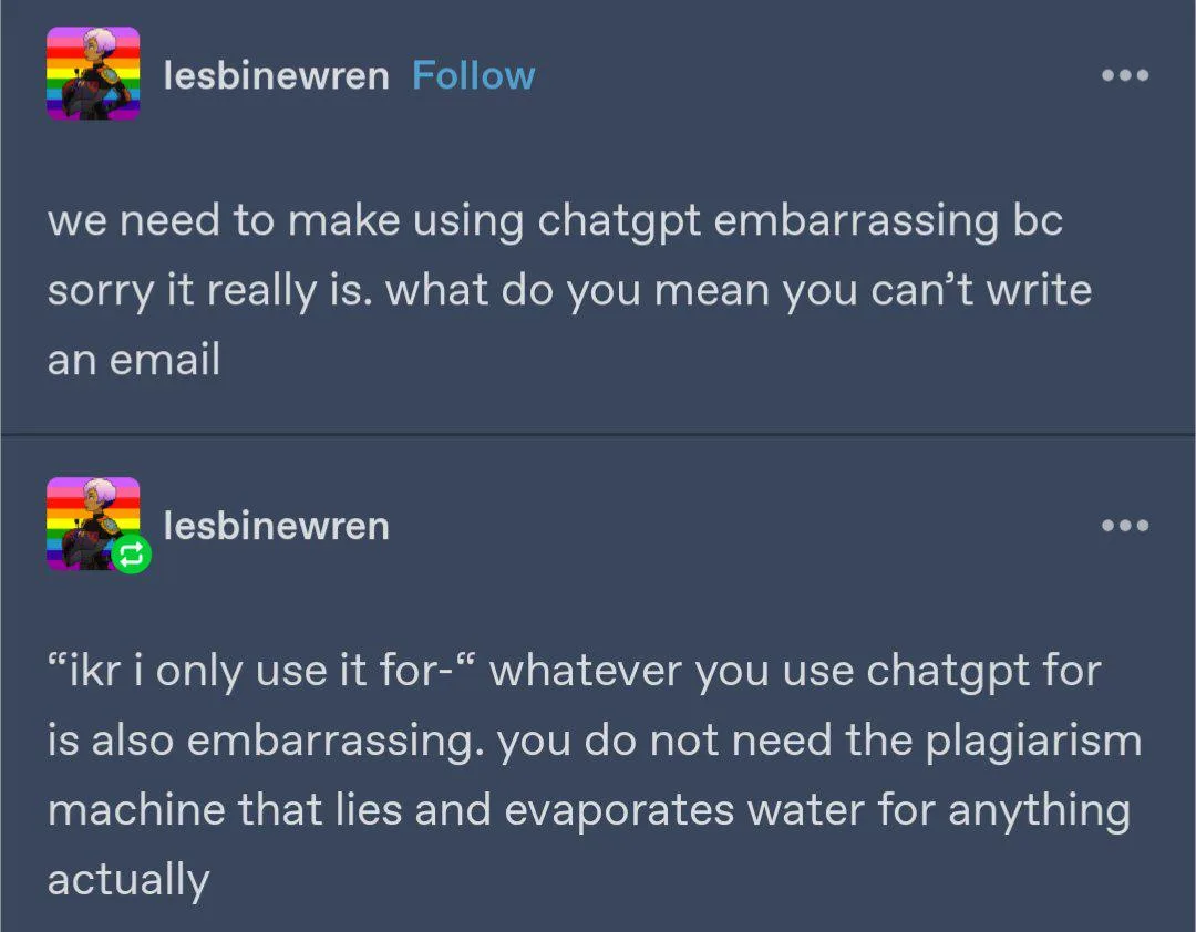 A screenshot of a social media post by 'lesbinewren' showing a two-part conversation. The first message states 'we need to…