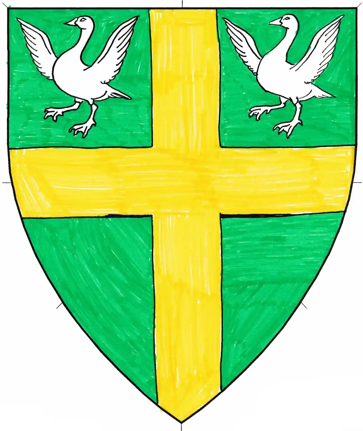 My Family Crest: A striking green background with a golden cross and two silver geese taking flight.