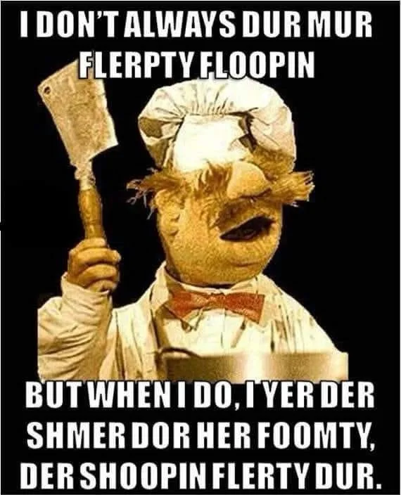 A puppet chef with a mustache, wearing a chef's hat and bowtie, holds a cleaver against a black background. The text reads…