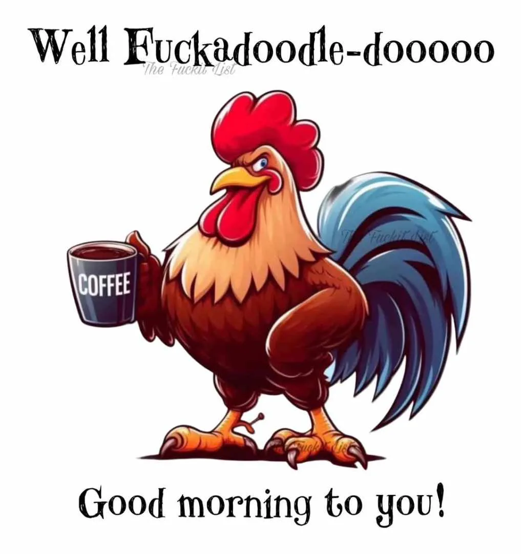 A cartoon rooster with a red comb and blue tail feathers stands upright holding a black mug labeled 'COFFEE'. The rooster…