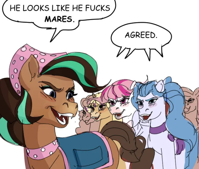 A cartoon pony with a pink and green hat and a mischievous grin says 'HE LOOKS LIKE HE FUCKS MARES.' Behind her, several…
