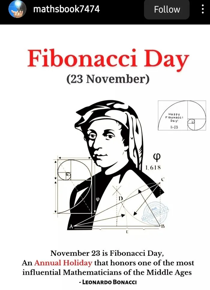 A graphic celebrating 'Fibonacci Day' on November 23, featuring a black-and-white illustration of Leonardo Bonacci with…