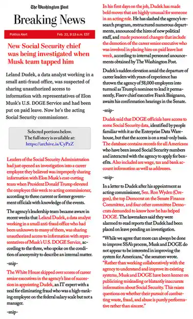 The image displays a fabricated Washington Post article with a 'Breaking News' banner, reporting that Leland Dudek, a data…
