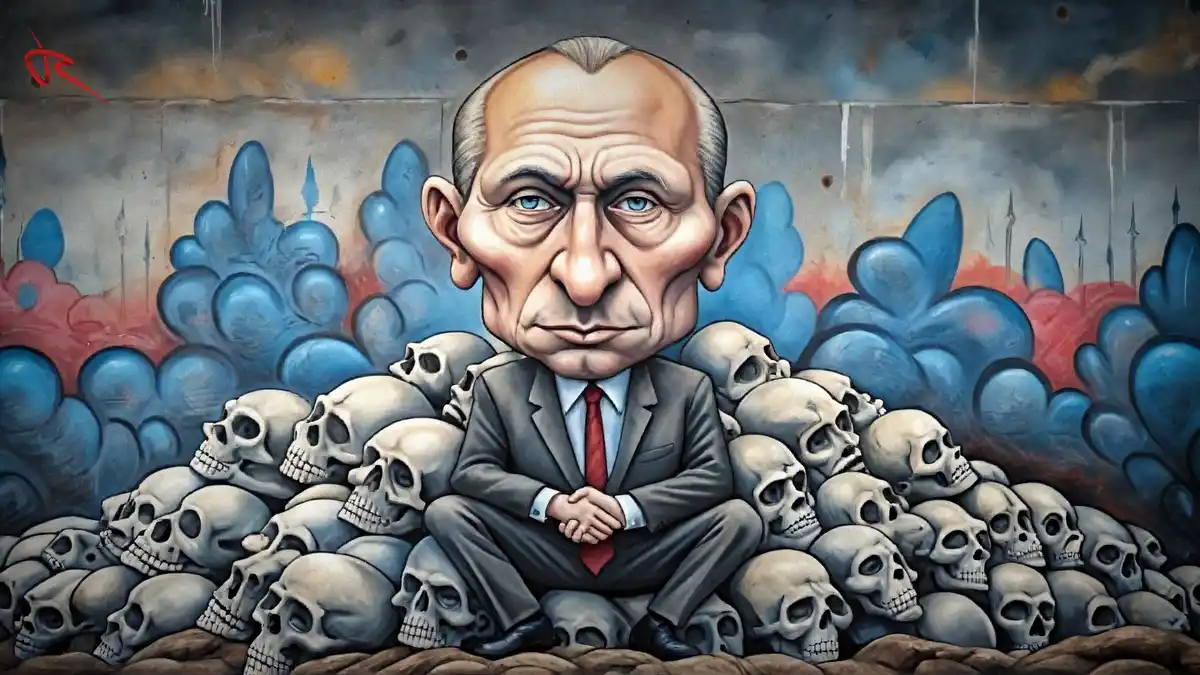 A cartoonish caricature of a man with a large head and blue eyes, wearing a gray suit and red tie, sits cross-legged atop a…